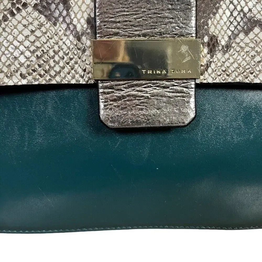 Trina Turk Womens Leather Handbag Teal Snakeskin Purse Flap Pocket Silver Gold